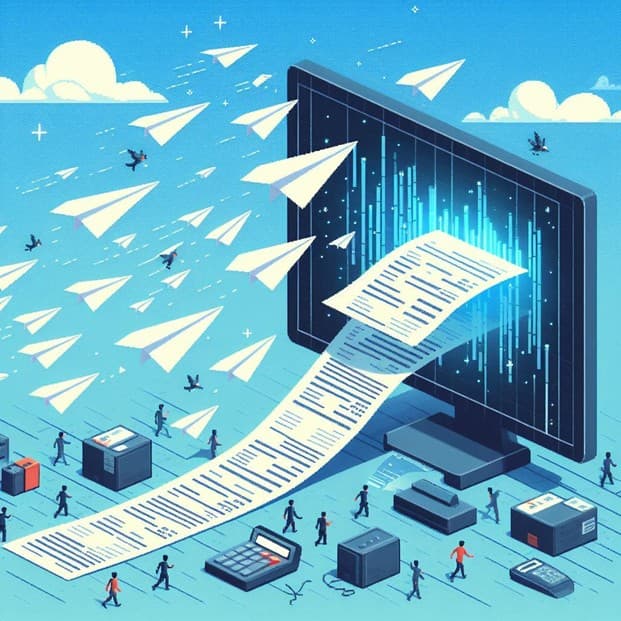 Illustration of paper documents entering a computer-based digital workflow.