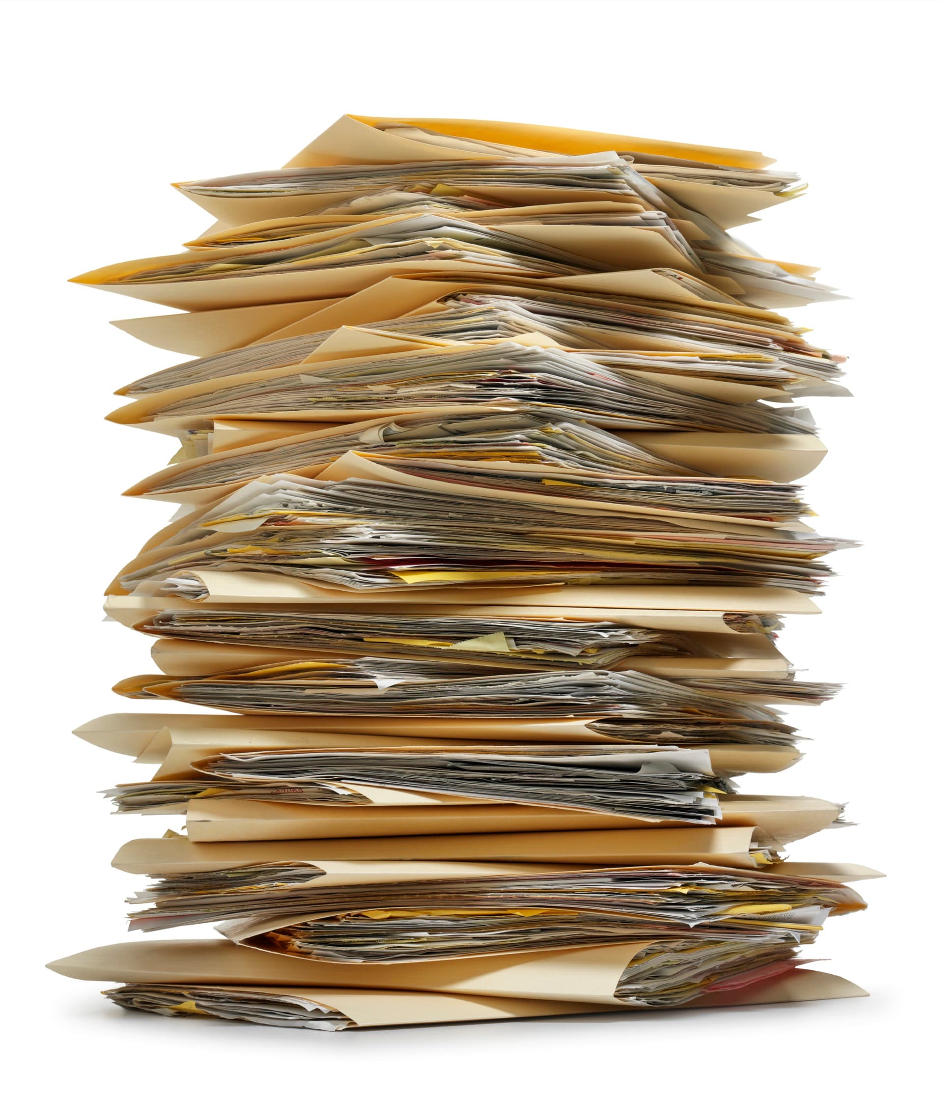 Overflowing binders and stacks of legal case files
