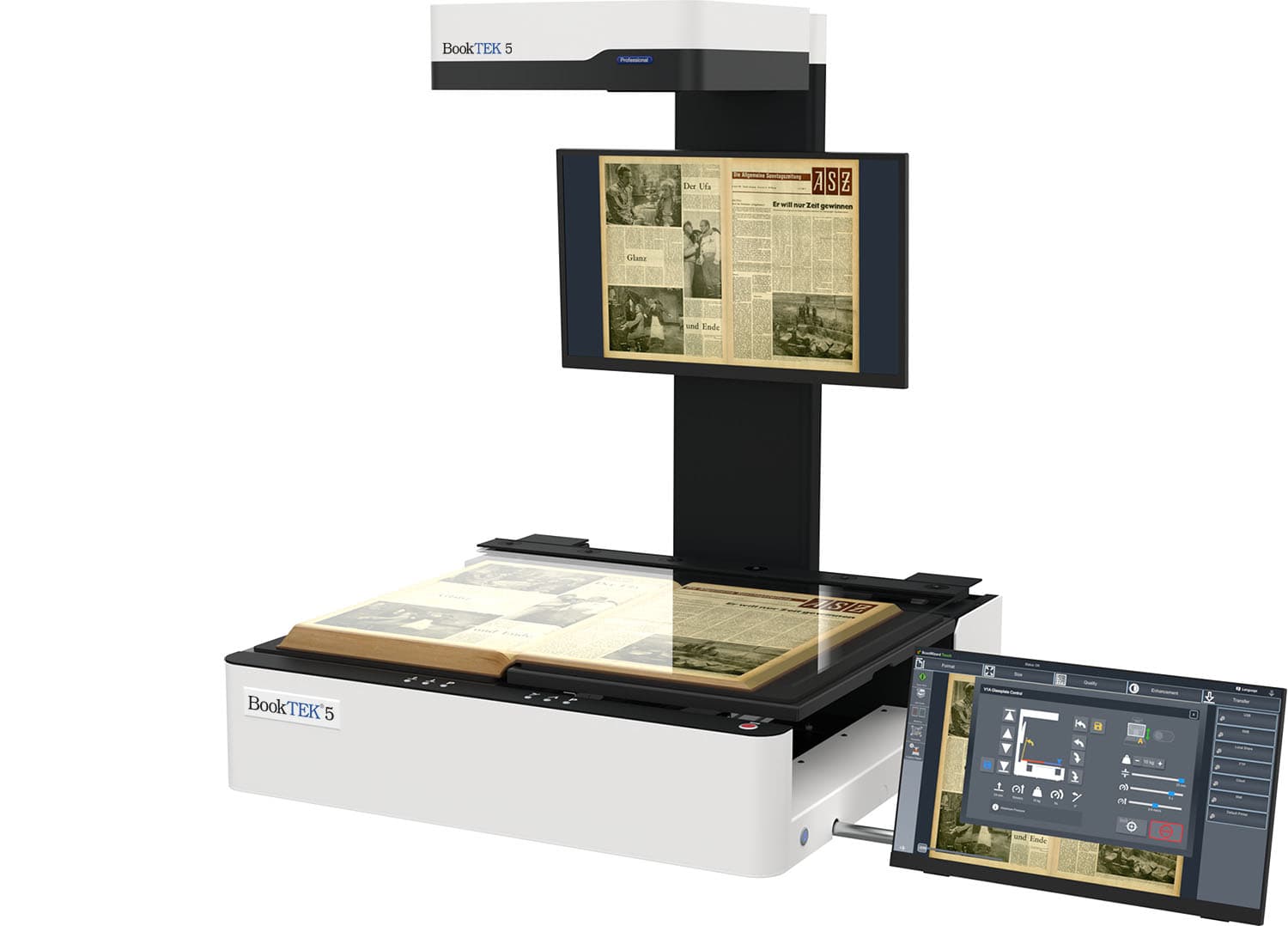 Overhead book scanner digitizing a bound newspaper