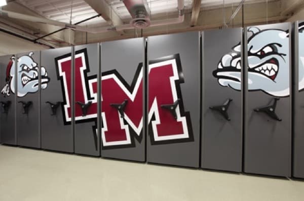 High-density mobile shelving system with custom graphic end panels