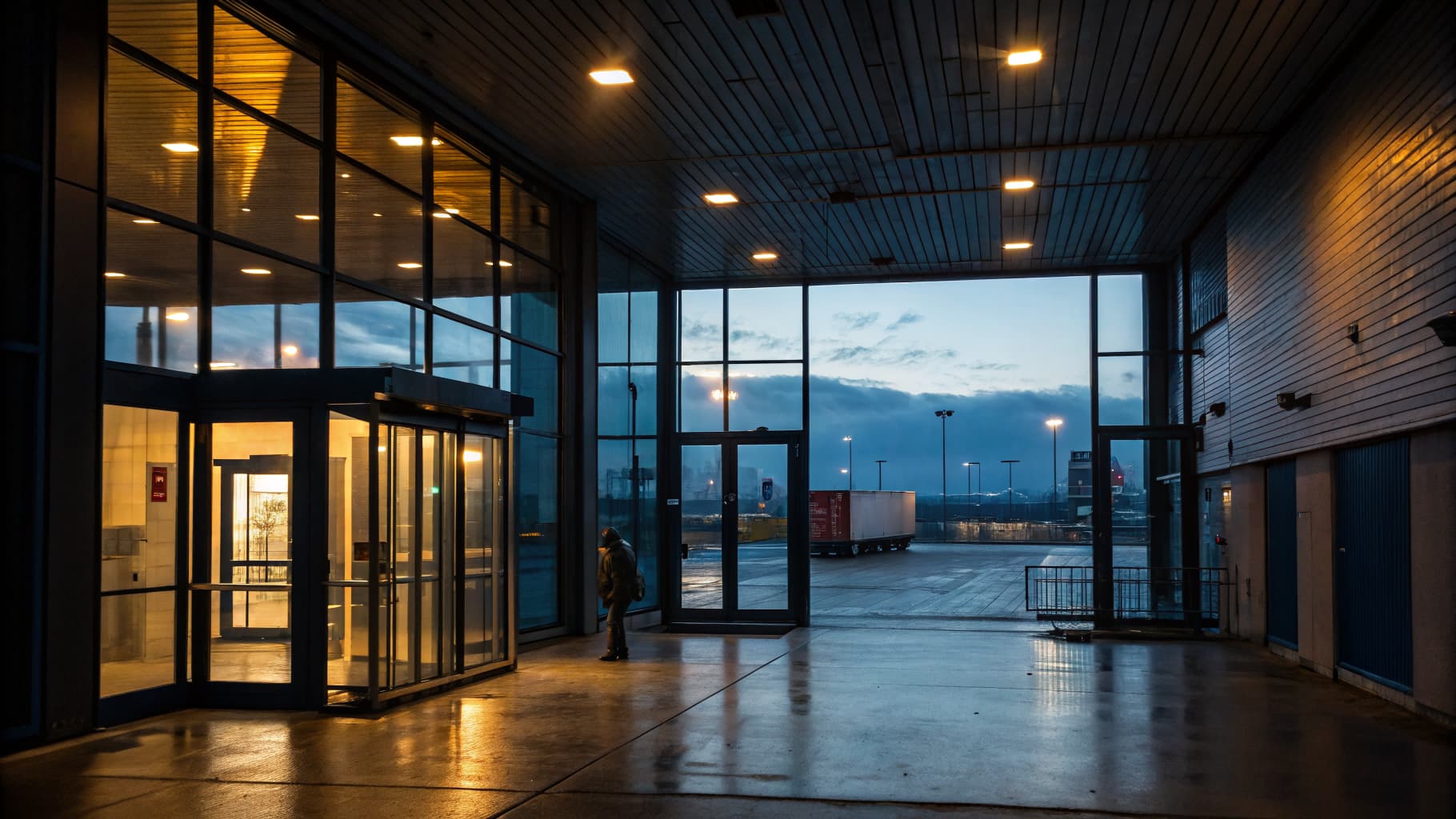 Interior view through a glass vestibule toward an industrial loading yard at dusk