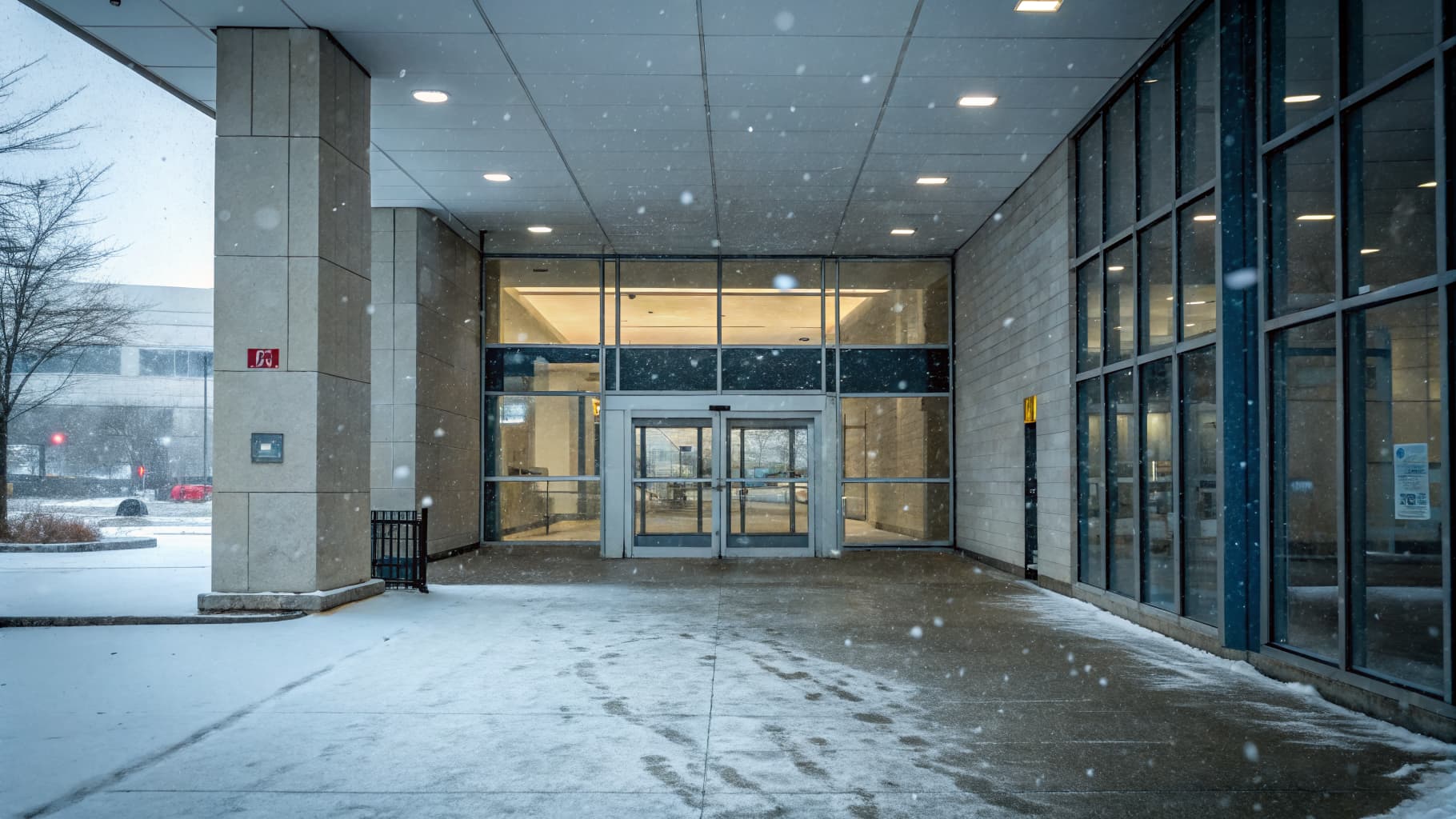 A commercial entrance with no vestibule on a cold winter day, cold air pouring in