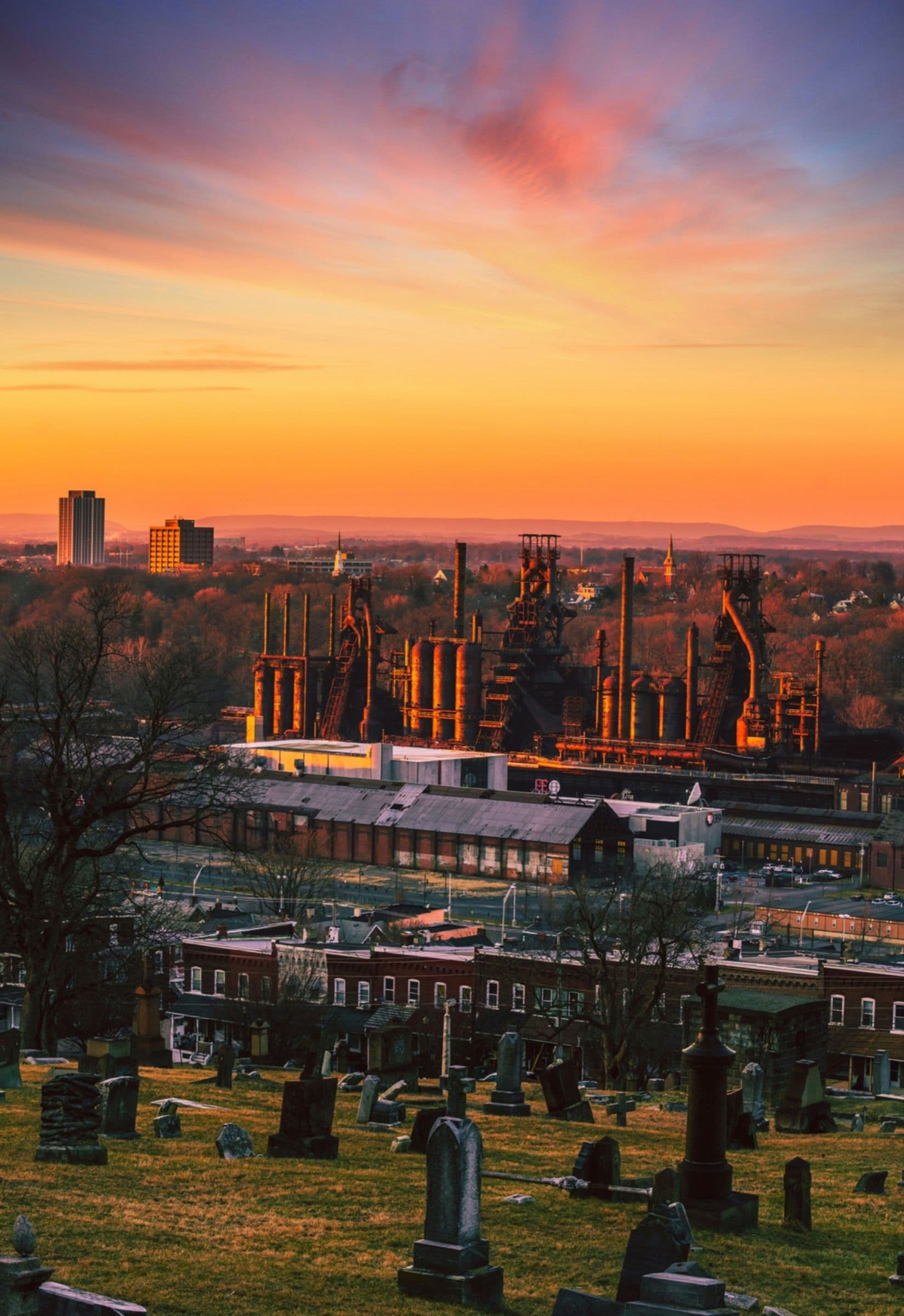 Sunset over the former Bethlehem Steel blast furnaces and South Bethlehem