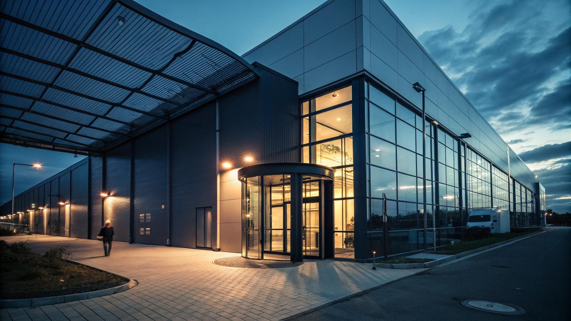 Modern glass entrance vestibule on an industrial commercial building at dusk