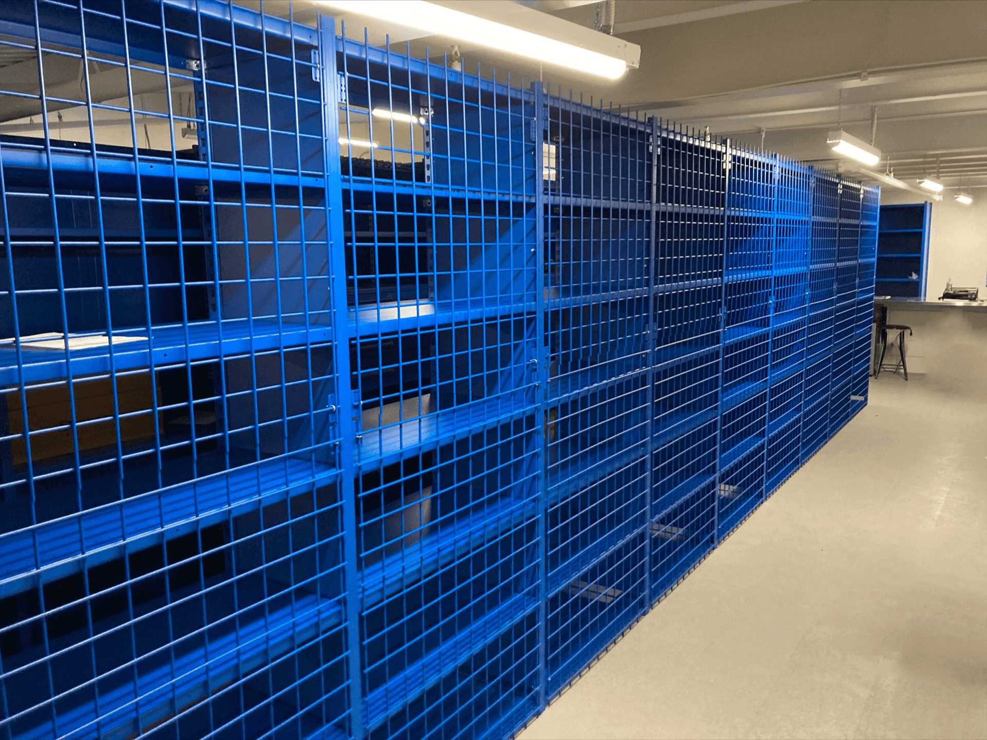 Blue wire mesh shelving bays installed inside an automotive parts storage facility